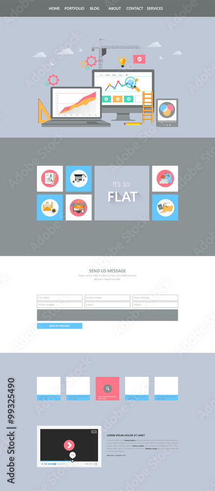 Flat One Page Website Interface. Buttons, icons, flat design elements
