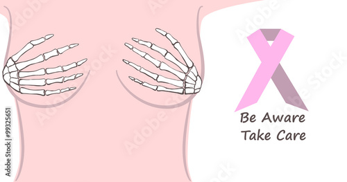 Woman breast with sleleton hands on it
