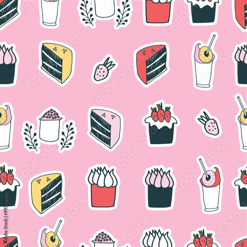 Cute food cake muffin cupcake strawberry delicious dessert seamless pattern