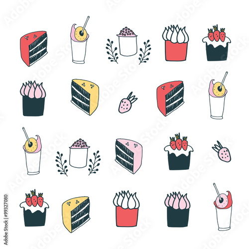 Delicious food desserts set cake muffin cupcake strawberry milkshake drinks
