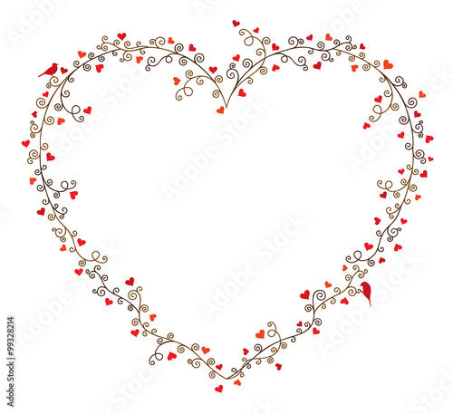 Valentine's day vector frame for text, composition of curly tree branches with many hearts and two birds on white background. 