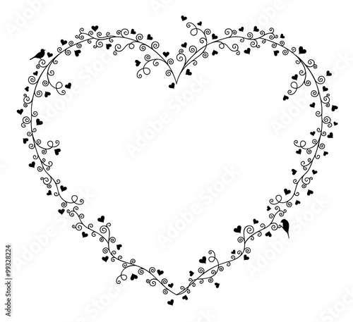 Valentine's day vector frame for text, composition of curly tree branches with many hearts and two birds on white background. 
