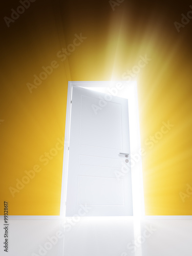 Open white door with rays of light on orange wall