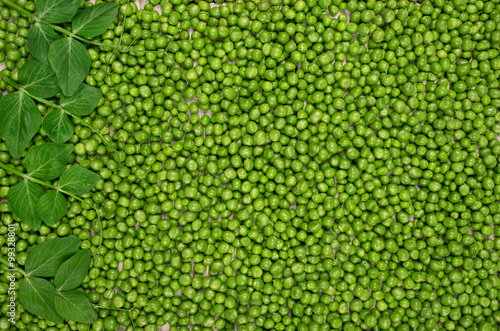 green peas background texture top view with leaves