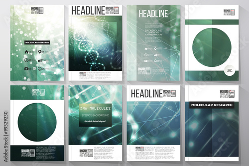Set of business templates for brochure, flyer or booklet. DNA molecule structure on a green background. 