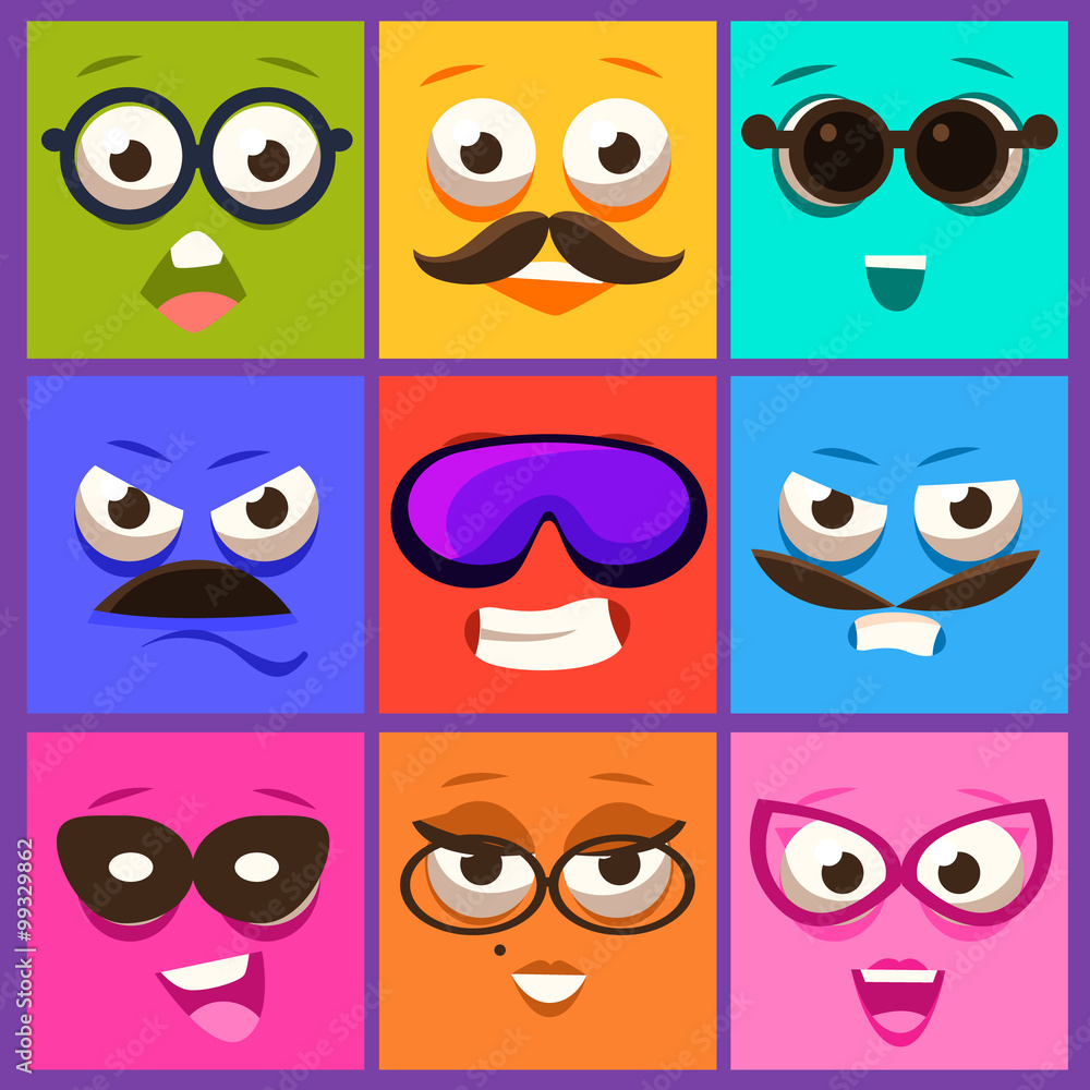 Cartoon Faces with Emotions and Mustache. Vector Illustration Set Cartoon Faces with Emotions and Mustache. Vector Illustration Set