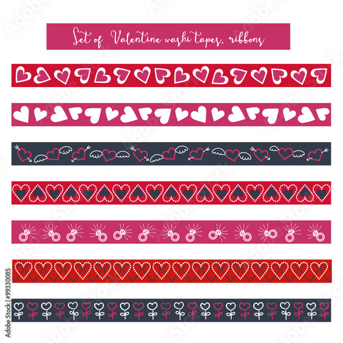 Valentine washi tape scrapbook ribbon items in red, pink, white and prussian blue colors.Valentine washi tape scrapbook ribbon items in red, pink, white and Prussian blue colors.