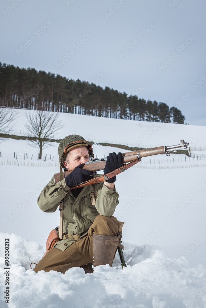 World war 2 era American Soldier in a snowy landscape World war 2 era American Soldier in a snowy landscape