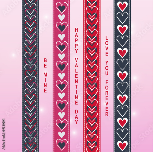 Valentine ribbon washi tape scrapbook items in red, pink, white and Prussian blue colors with light pink gradient background.