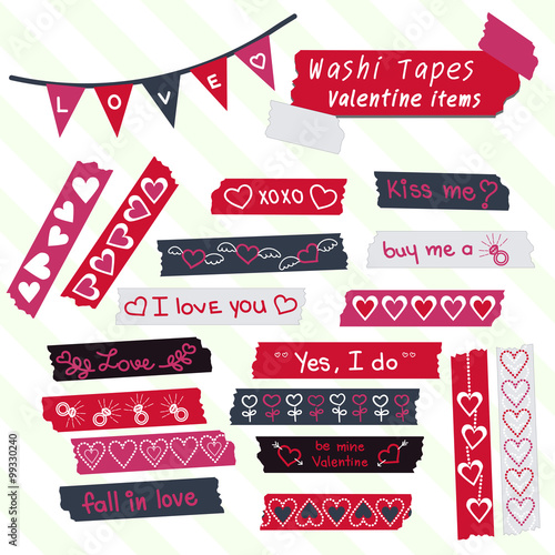 Valentine washi tape scrapbook items in red, pink, white and Prussian blue colors.