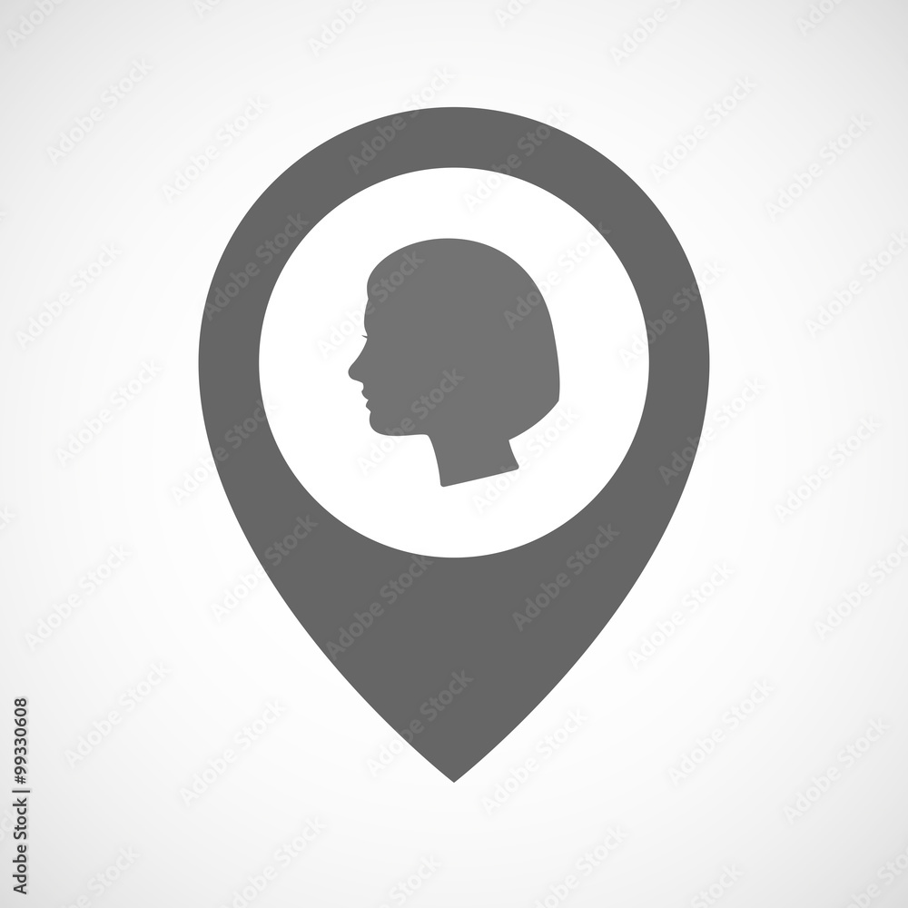 Isolated map marker with a female head Isolated map marker with a female head