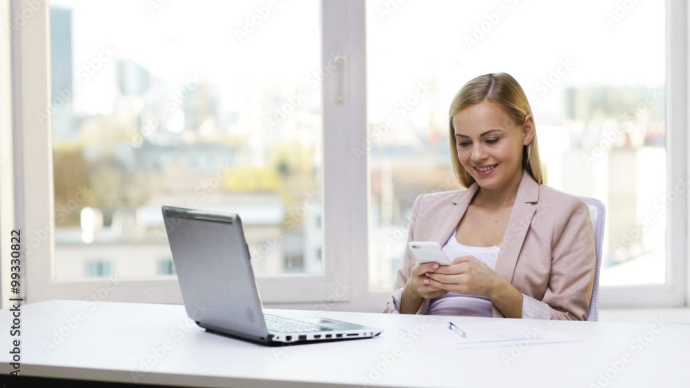 smiling businesswoman or student with smartphone smiling businesswoman or student with smartphone