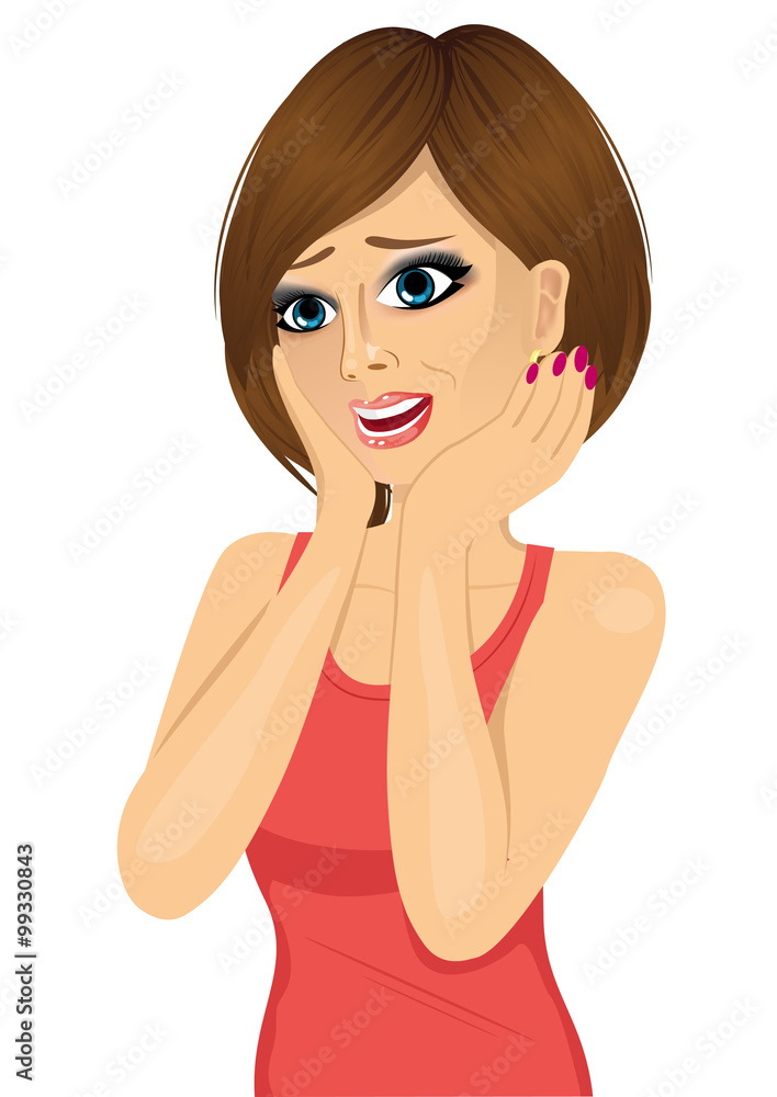 surprised beautiful woman holding her head in amazement and open-mouthed surprised beautiful woman holding her head in amazement and open-mouthed