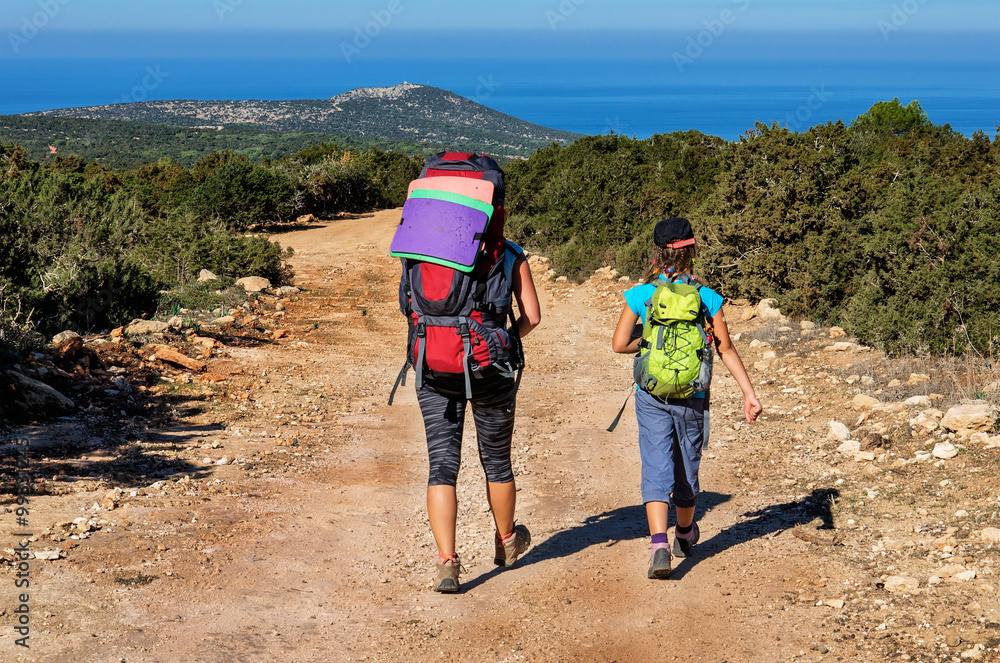 Fototapeta premium family with large backpacks are on road sea