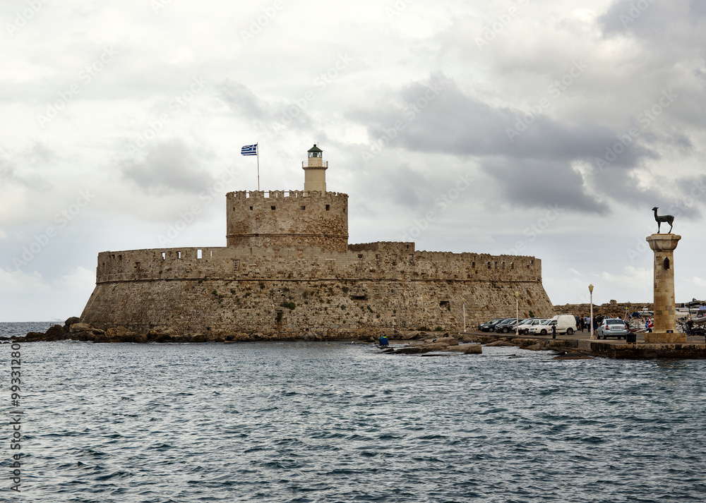 Rhodes Island, Greece. Rhodes city. Old fortress in Mandraki Harbour.