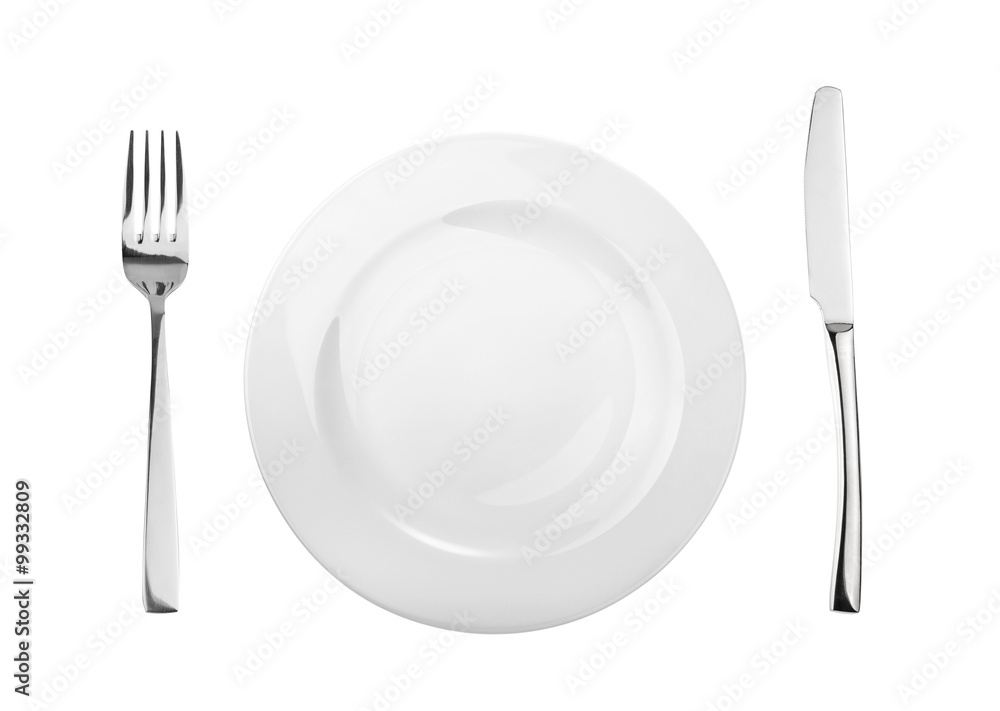 Empty plate, fork and knife isolated on white, without shadow Empty plate, fork and knife isolated on white, without shadow