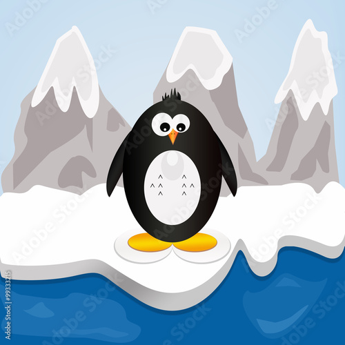 Pinguino sulla sponda del mare ghiacciato con dietro le montagne  photo
