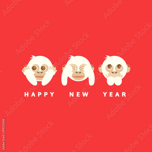 three wise monkeys, happy new year, vector card