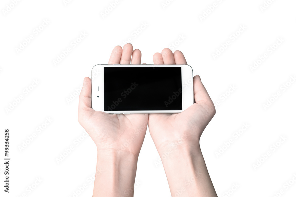 Hand with mobile smart phone Isolated on white background Hand with mobile smart phone Isolated on white background