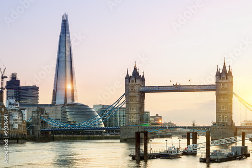 London, the Shard and Tower bridge at sunset
