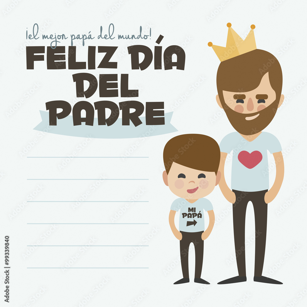 Happy Fathers day card. Vector Element Set. Dad with beard and son. Written in Spanish
Happy Fathers day card. Vector Element Set. Dad with beard and son. Written in Spanish