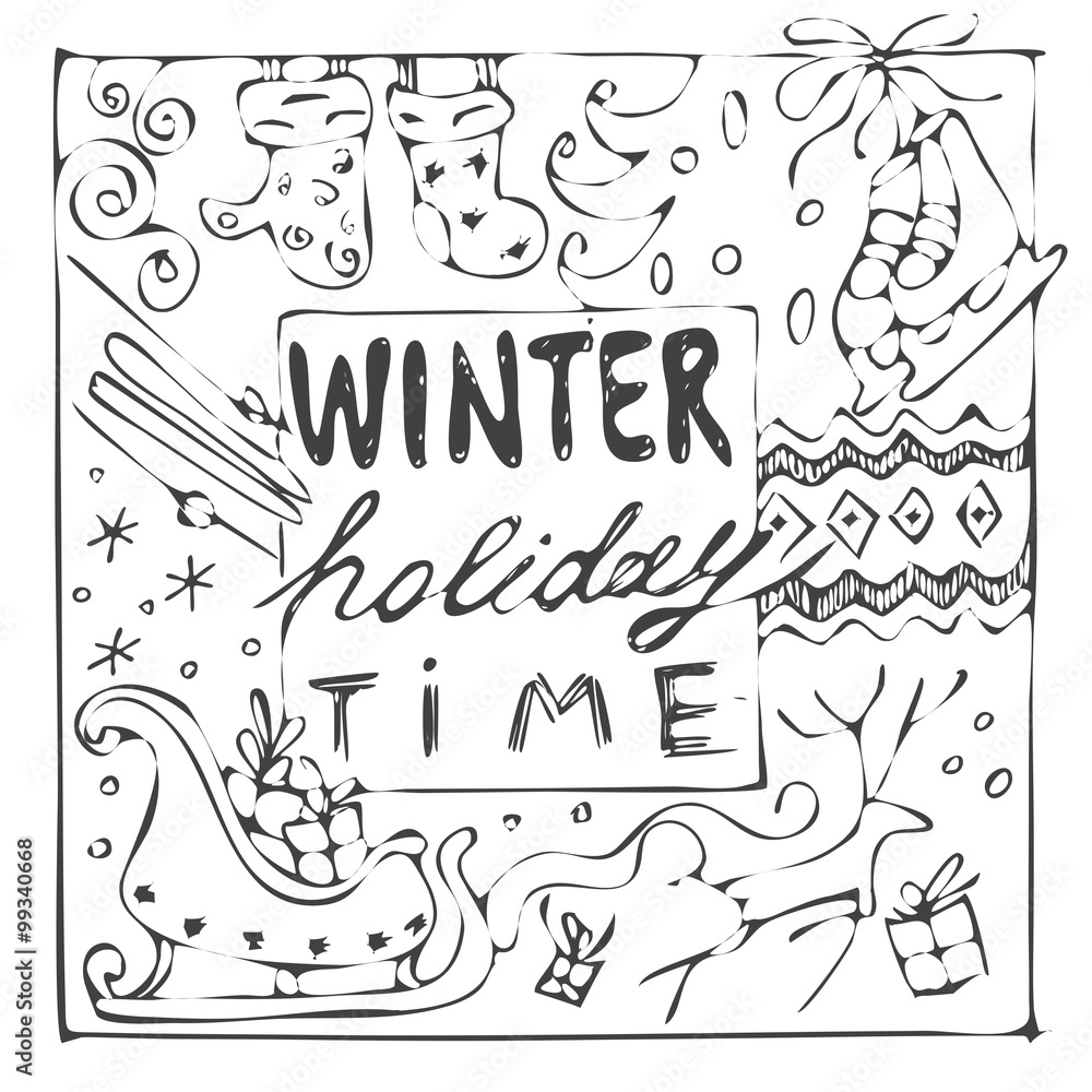  winter holiday time handdrawn black and white card