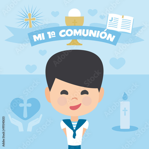 First communion invitation, template. A boy on a blue background. Vector Element Set. Written in Spanish

