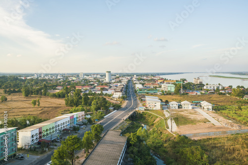 Bird eye view - sunlight of the city Mukdahan, Thailand