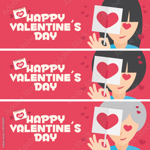 Happy Valentines day card. 3 banner for Valentines Day promotion. Young, Adult and Grandmother with lollipop
