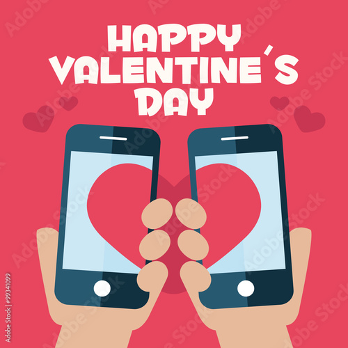 Happy Valentines Day. Smart phone couple on hand flat icon, vector illustration
