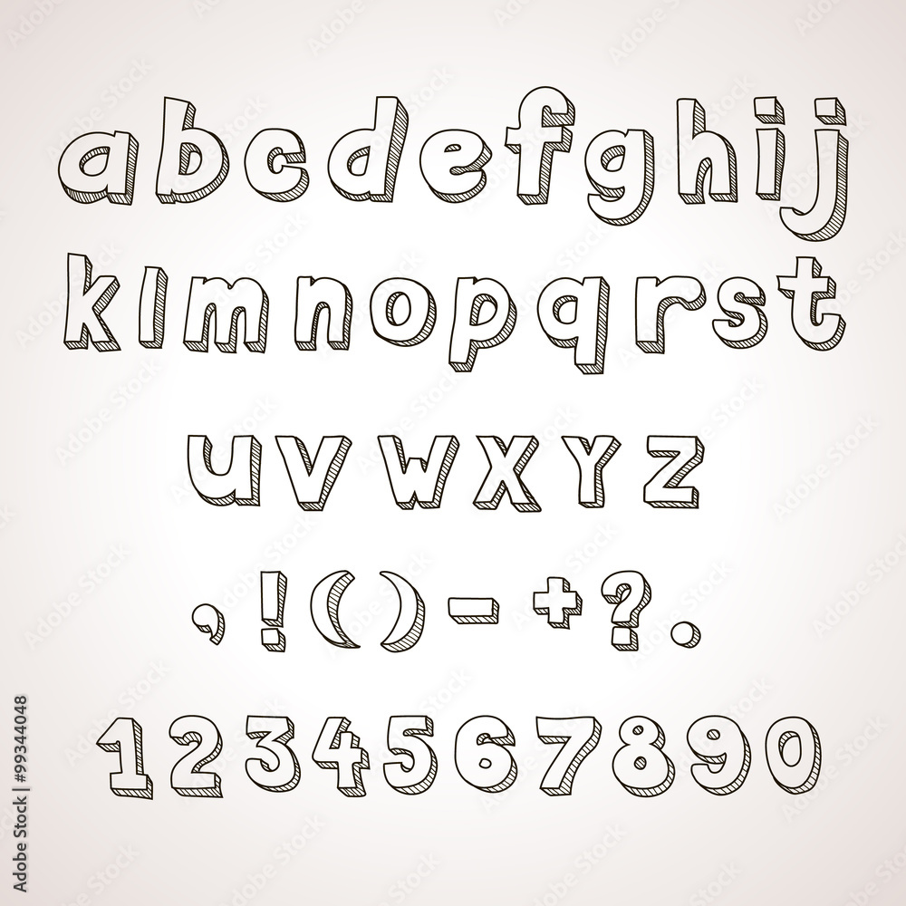 Hand drawn  font,  retro alphabet lowercase and punctuation vintage style.