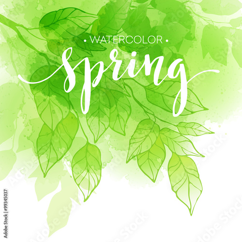 Watercolor background with green leaves. Vector illustration