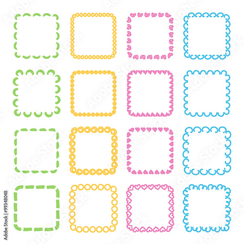Set of colorful hand drawn frames isolated on white background.