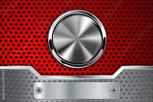 Steel round button on metal background. Red perforated metal background with metallic frame. 