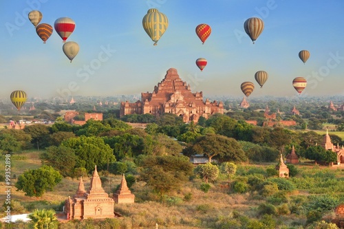  Many temple and pagoda in bagan myanmar with hot air balloon photo