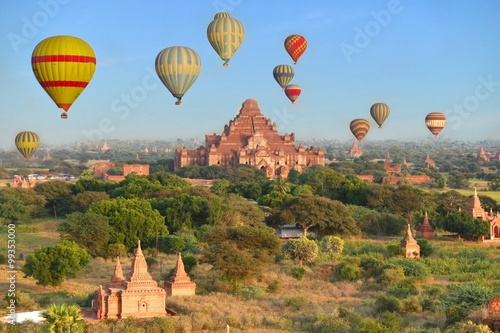  Many temple and pagoda in bagan myanmar with hot air balloon