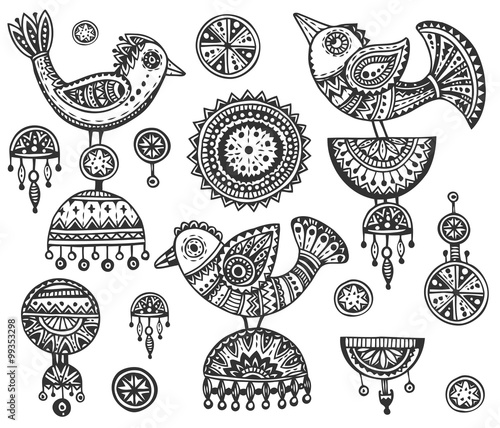 Set of hand drawn fancy birds in ethnic ornate doodle style