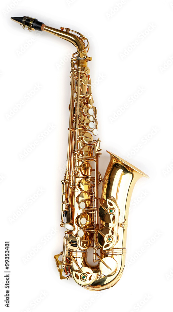 Naklejka premium Golden saxophone isolated on white background