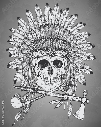 Hand drawn Indian headdress with human skul,l tomahawk and calum photo