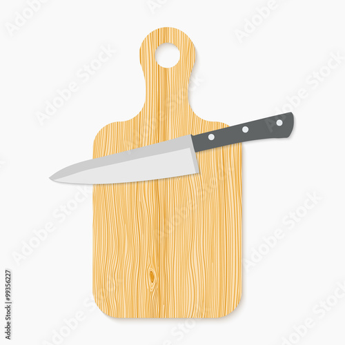 Realistic wooden cutting board and knife