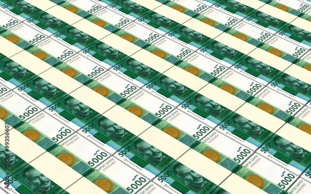 Fototapeta premium Kyrgyzstani som bills stacks background. Computer generated 3D photo rendering.