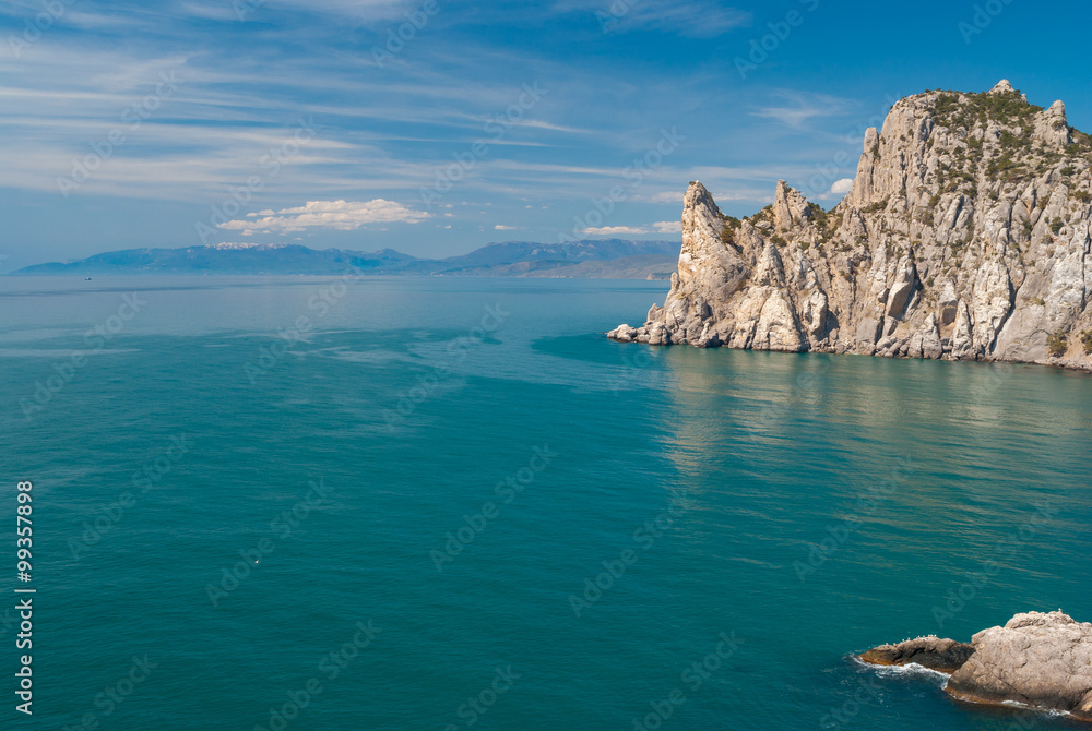 Beautiful Black Sea shore with Karaul-Oba mountain near Noviy Svet  resort, Crimean peninsula.