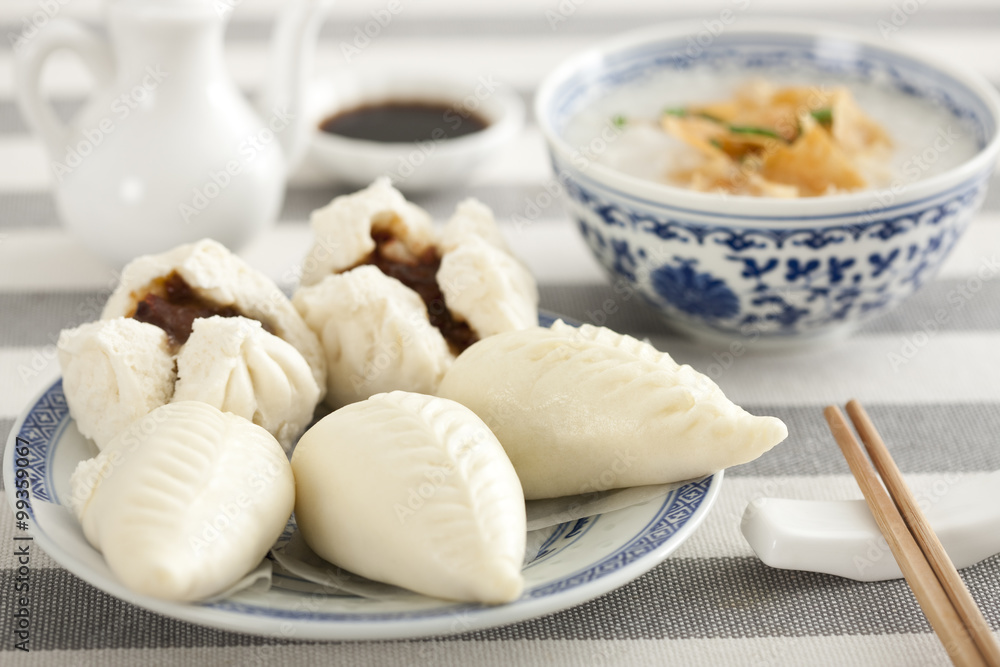 Chinese food rice porridge and cantonese barbecued pork buns Chinese food rice porridge and cantonese barbecued pork buns