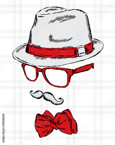 Set of men's accessories . Hipster set . Hat glasses and tie. Mustache. Poster . Print . 