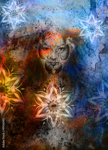 Beautiful Painting Goddess Woman with ornamental mandala and color abstract background and desert crackle..
