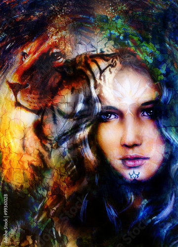 woman goddess holding a sourceful of a white light and  lion head. abstract background with spots.  photo