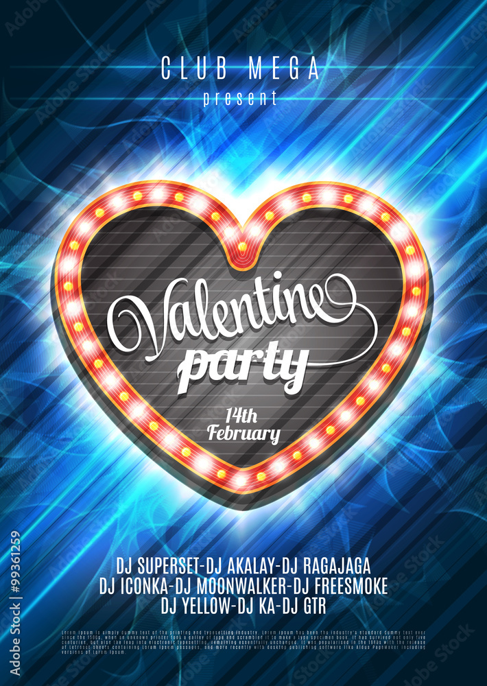 Valentines Party Vector Flyer. Retro Neon Light Frame with abstract bright  poster background Stock Vector | Adobe Stock