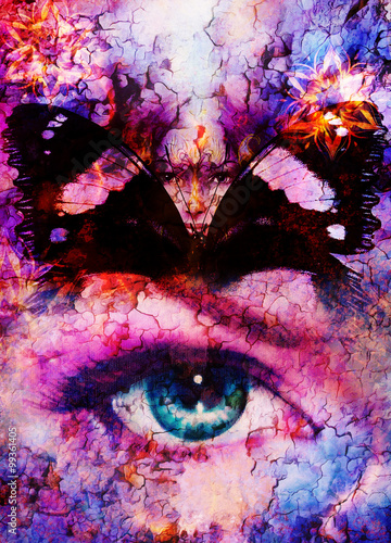 Beautiful Goddness women and color butterfly, mixed media, abstract color background.