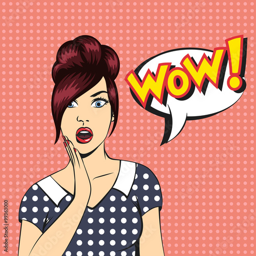 Vector pop art surprised woman face with open mouth and a WOW bubble