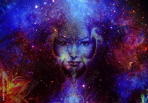Beautiful Painting Goddess Woman with ornamental mandala and Color space background with stars.